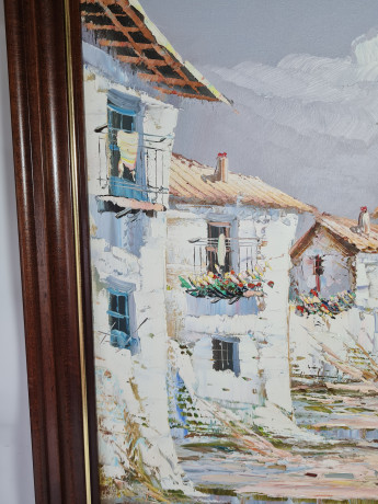 Картина винтажная J.Pascal, изображение домов в светлых тонах, деревянная рама, 54,5 x 46 см, Германия, 1960-1970гг.