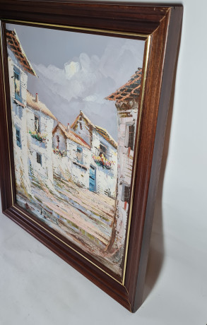 Картина винтажная J.Pascal, изображение домов в светлых тонах, деревянная рама, 54,5 x 46 см, Германия, 1960-1970гг.