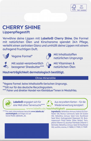 Labello Cherry Shine, Оттеночный бальзам для губ с маслом ши и витамином E для питания и мягкости, аромат вишни, 4,8 г