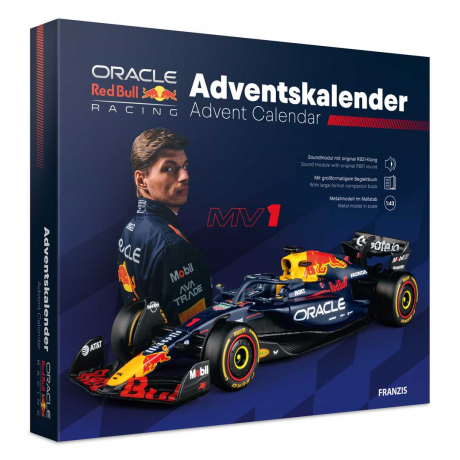 Franzis Oracle Red Bull Racing Adventskalender 2026 mit RB21 Modell 1:43 und Sound, Адвент-календарь FRANZIS Oracle Red Bull Racing 2026, модель RB21 1:43, база со звуком и книга