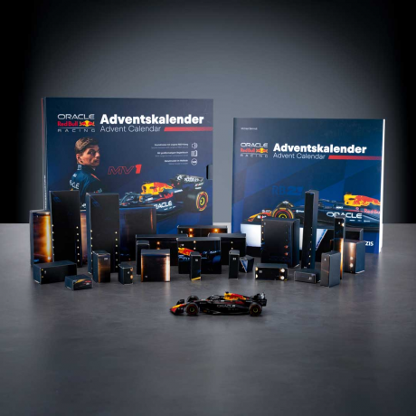 Franzis Oracle Red Bull Racing Adventskalender 2026 mit RB21 Modell 1:43 und Sound, Адвент-календарь FRANZIS Oracle Red Bull Racing 2026, модель RB21 1:43, база со звуком и книга