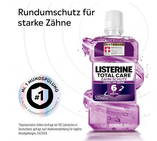 LISTERINE Total Care Tooth Protection 6 x 500 ml Ополаскиватель для полости рта для взрослых (Италия), раствор, комплексная защита зубов и десен 6 в 1, антибактериальный, свежий мятный аромат Набор 6 шт х 500 мл (3000 мл)