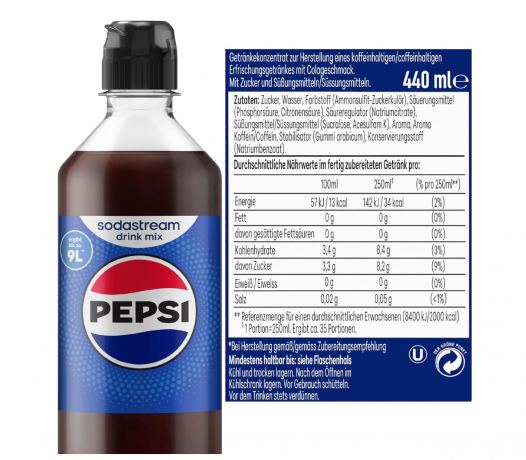 Sodastream drink mix Pepsi Sirup, 4er Pack (4 x 440 ml), SodaStream Сироп Pepsi для газированной воды, концентрат напитка со вкусом Pepsi, до 36 л готового напитка 440 мл x 4 шт
