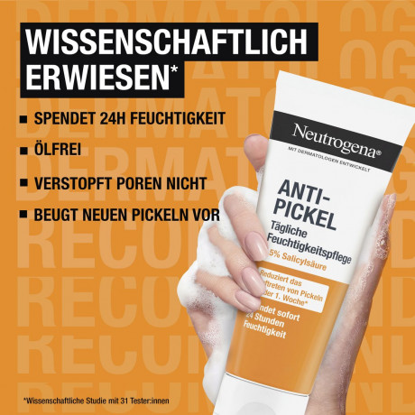 Neutrogena Anti-Pickel Taegliche Feuchtigkeitspflege, 50 ml, Neutrogena Anti-Pickel Ежедневный увлажняющий крем с 0,5% салициловой кислотой, алоэ вера и ромашкой, 50 мл