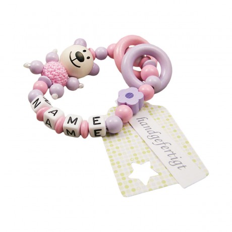 kleinerStorch Greifling mit Name – Madchen Beissring personalisiert – Holz Rassel Bar Blume flieder Кольцо для прорезывания зубов именное