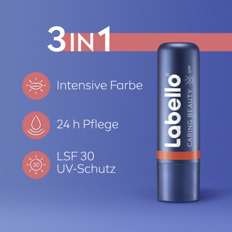 Labello Caring Beauty Coral LSF 30, Коралловый бальзам для губ и щёк с маслом ши и миндальным маслом для питания и мягкости, SPF 30, 4,8 г