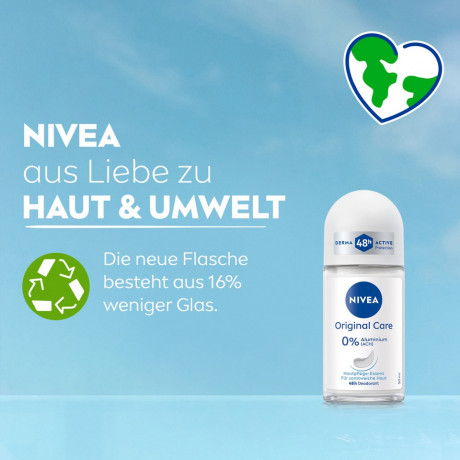 NIVEA Original Care Deodorant Roll-On, 50 ml, Нивеа Дезодорант ролик, 0% алюминия, 0% спирта, пудровый аромат, 48ч защита, 50 мл