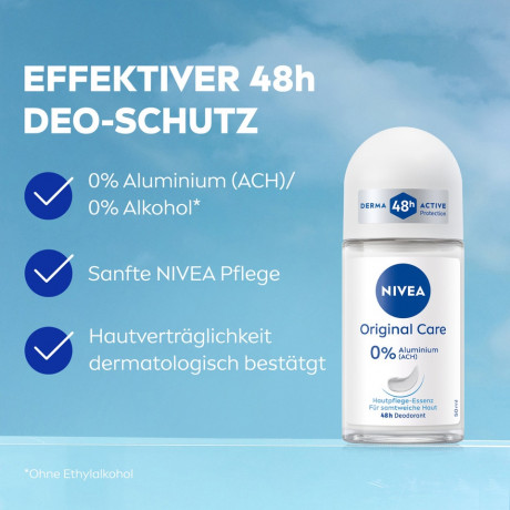 NIVEA Original Care Deodorant Roll-On, 50 ml, Нивеа Дезодорант ролик, 0% алюминия, 0% спирта, пудровый аромат, 48ч защита, 50 мл