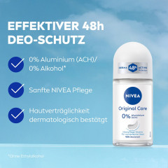 NIVEA Original Care Deodorant Roll-On, 50 ml, Нивеа Дезодорант ролик, 0% алюминия, 0% спирта, пудровый аромат, 48ч защита, 50 мл