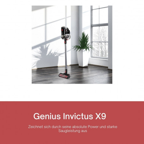 Genius Genius Akku-Stielstaubsauger INVICTUS X9 kabelloser Staubsauger, Deluxe-Set 23-tlg., beutellos HEPA Filter, LED Ladestation freistehend UV Licht Burste Беспроводной пылесос Genius Беспроводной пылесос INVICTUS X9, роскошный набор из 23 предметов,
