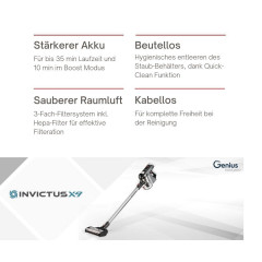 Genius Genius Akku-Stielstaubsauger INVICTUS X9 kabelloser Staubsauger, Deluxe-Set 23-tlg., beutellos HEPA Filter, LED Ladestation freistehend UV Licht Burste  Беспроводной пылесос Genius Беспроводной пылесос INVICTUS X9, роскошный набор из 23 предметов, 