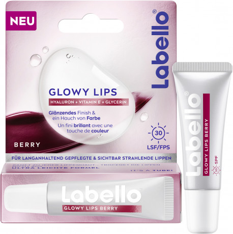 Labello Glowy Lips Berry LSF 30, Ягодный бальзам для губ с гиалуроновой кислотой и глицерином для увлажнения и глянцевого блеска, SPF 30, 10 мл