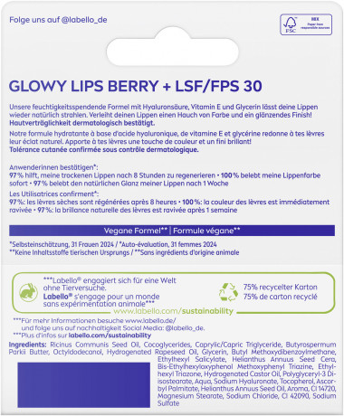 Labello Glowy Lips Berry LSF 30, Ягодный бальзам для губ с гиалуроновой кислотой и глицерином для увлажнения и глянцевого блеска, SPF 30, 10 мл