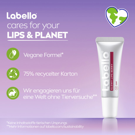 Labello Glowy Lips Berry LSF 30, Ягодный бальзам для губ с гиалуроновой кислотой и глицерином для увлажнения и глянцевого блеска, SPF 30, 10 мл