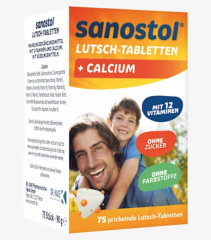 Sanostol Lutschtabletten ohne zucker 75stk x 2packs, Пастилки с витаминами и кальцием для ежедневного приема, без сахара, для детей от 4-х лет, 75 шт x 2 упаковки