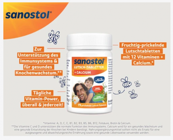 Sanostol Lutschtabletten ohne zucker 75stk x 2packs, Пастилки с витаминами и кальцием для ежедневного приема, без сахара, для детей от 4-х лет, 75 шт x 2 упаковки