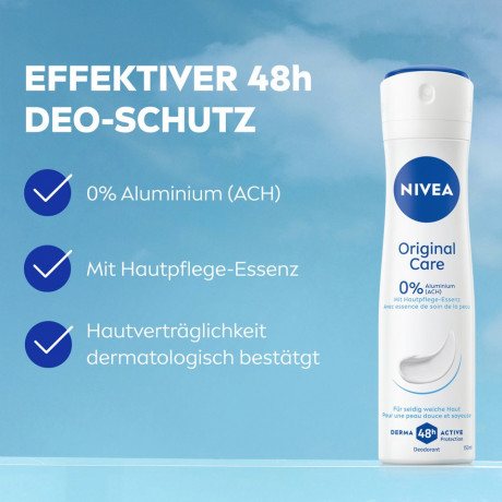 NIVEA Original Care Deodorant Spray, 150 ml, Нивеа Дезодорант спрей, 0% алюминия, 0% спирта, пудровый аромат, 48ч защита, 150 мл
