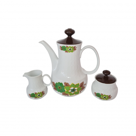 Набор чайный винтажный Mitterteich Bavaria, чайник, сахарница, молочник: бело-коричневый фарфор с зеленым цветочным декором, 23,5 x 21 см / 10 см / 9 см, Германия, 1960-70гг.