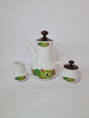 Набор чайный винтажный Mitterteich Bavaria, чайник, сахарница, молочник: бело-коричневый фарфор с зеленым цветочным декором, 23,5 x 21 см / 10 см / 9 см, Германия, 1960-70гг.