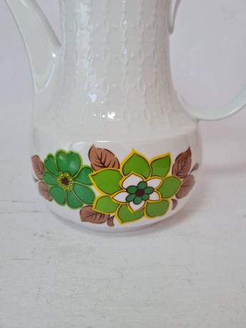 Набор чайный винтажный Mitterteich Bavaria, чайник, сахарница, молочник: бело-коричневый фарфор с зеленым цветочным декором, 23,5 x 21 см / 10 см / 9 см, Германия, 1960-70гг.