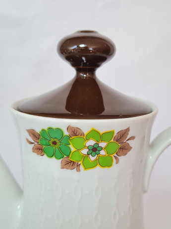 Набор чайный винтажный Mitterteich Bavaria, чайник, сахарница, молочник: бело-коричневый фарфор с зеленым цветочным декором, 23,5 x 21 см / 10 см / 9 см, Германия, 1960-70гг.
