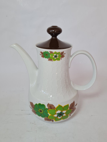 Набор чайный винтажный Mitterteich Bavaria, чайник, сахарница, молочник: бело-коричневый фарфор с зеленым цветочным декором, 23,5 x 21 см / 10 см / 9 см, Германия, 1960-70гг.