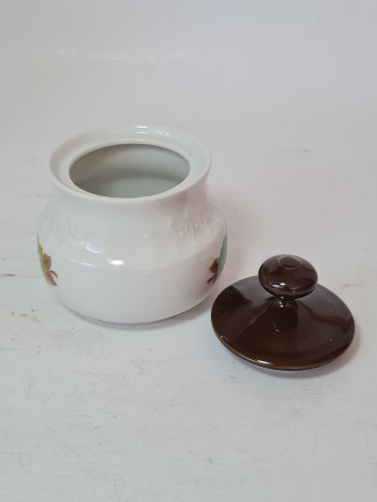 Набор чайный винтажный Mitterteich Bavaria, чайник, сахарница, молочник: бело-коричневый фарфор с зеленым цветочным декором, 23,5 x 21 см / 10 см / 9 см, Германия, 1960-70гг.