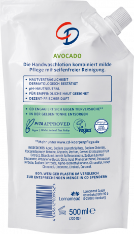 CD Handwaschlotion Avocado Nachfuellbeutel 500 ml, Запасной блок средства без мыла с авокадо для очищения рук и лица, 500 мл