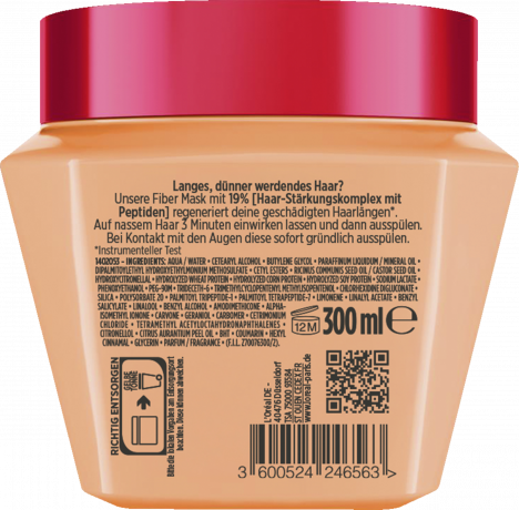 L'Oreal Paris Elvital Dream Length Fiber Mask, 300 ml, Укрепляющая маска с пептидами для длинных истончающихся волос, восстановление повреждённой длины, 300 мл