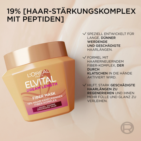 L'Oreal Paris Elvital Dream Length Fiber Mask, 300 ml, Укрепляющая маска с пептидами для длинных истончающихся волос, восстановление повреждённой длины, 300 мл