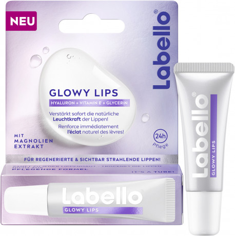Labello Glowy Lips, Бесцветный бальзам для губ с гиалуроновой кислотой и глицерином для увлажнения и глянцевого блеска, 10 мл