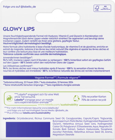 Labello Glowy Lips, Бесцветный бальзам для губ с гиалуроновой кислотой и глицерином для увлажнения и глянцевого блеска, 10 мл