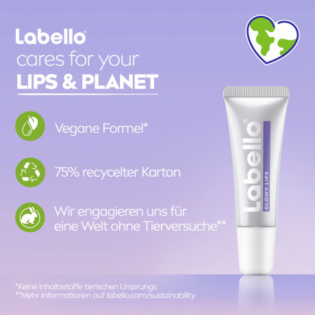 Labello Glowy Lips, Бесцветный бальзам для губ с гиалуроновой кислотой и глицерином для увлажнения и глянцевого блеска, 10 мл