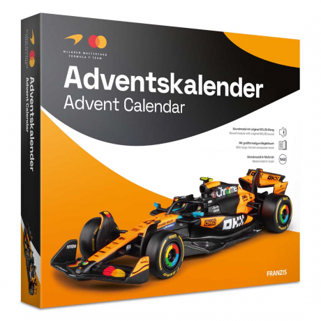 Franzis McLaren Formula 1 Team Adventskalender 2026 mit MCL39 Modell 1:43 und Sound, Адвент-календарь FRANZIS McLaren Formula 1 Team 2026, модель MCL39 1:43, база со звуком и книга