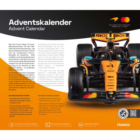 Franzis McLaren Formula 1 Team Adventskalender 2026 mit MCL39 Modell 1:43 und Sound, Адвент-календарь FRANZIS McLaren Formula 1 Team 2026, модель MCL39 1:43, база со звуком и книга