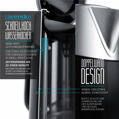 Arendo Arendo Wasserkocher, 1,7 l, 3000 W, Edelstahl, Schnellkoch Funktion, Temperatureinstellung 70° C 100° C  Чайник Arendo, 1,7 л, 3000 Вт, нержавеющая сталь, функция быстрого закипания, регулировка температуры 70°С 100°С