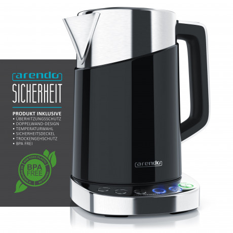 Arendo Arendo Wasserkocher, 1,7 l, 3000 W, Edelstahl, Schnellkoch Funktion, Temperatureinstellung 70° C 100° C Чайник Arendo, 1,7 л, 3000 Вт, нержавеющая сталь, функция быстрого закипания, регулировка температуры 70°С 100°С