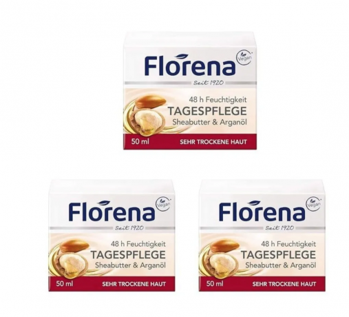 Florena Day Cream Sheabutter and arganol 50 ml x 3st, Крем для лица Florena с маслом ши и арганы, 48 часов увлажнения, для очень сухой кожи, дневной уход, питательный и восстанавливающий Набор 3 шт х 50 мл