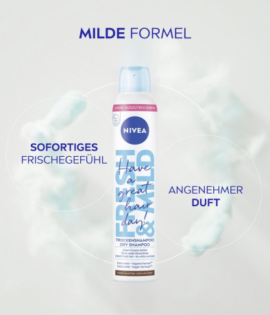 NIVEA Trockenshampoo Fresh & Mild fur dunkle Haartone, 200 ml, Нивеа Сухой шампунь для тёмных волос, без остатков, веганский, 200 мл