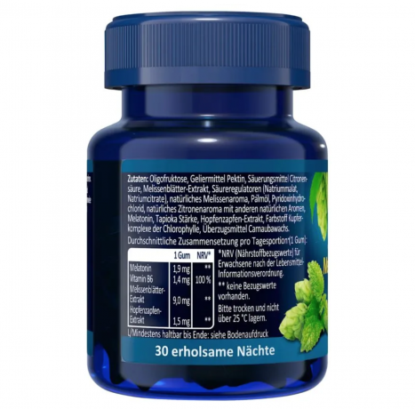 Klosterfrau Schlaf Gums Intens Melatonin 30st, Витамины Мелатонин 1,9 мг, Германия, 30 жевательных пастилок, для вечернего приёма, мелатонин + витамин B6, с мелиссой