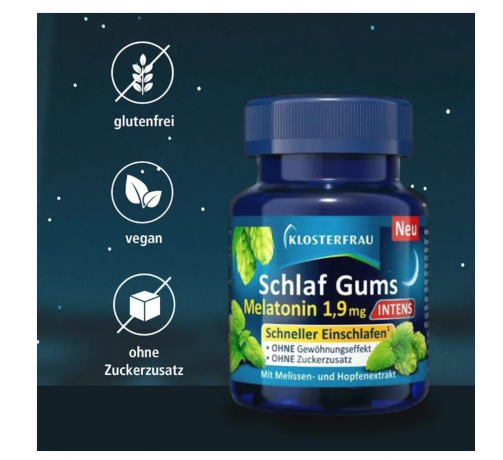 Klosterfrau Schlaf Gums Intens Melatonin 30st, Витамины Мелатонин 1,9 мг, Германия, 30 жевательных пастилок, для вечернего приёма, мелатонин + витамин B6, с мелиссой