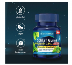 Klosterfrau Schlaf Gums Intens Melatonin 30st, Витамины Мелатонин 1,9 мг, Германия, 30 жевательных пастилок, для вечернего приёма, мелатонин + витамин B6, с мелиссой