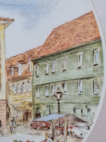 Тарелка декоративная винтажная Goebel, белый фарфор с изображением Рыночной площади г. Дурла, 22 x 2 см, Германия, 1960-70гг.