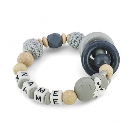 kleinerStorch Greifling mit Name – Madchen Jungen Beissring personalisiert – Holz Rassel Silikon Fuchs grau Игрушка-клатч с именем