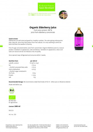 Krauterhaus Sanct Bernhardt Organic Elderberry juice 1 liter
