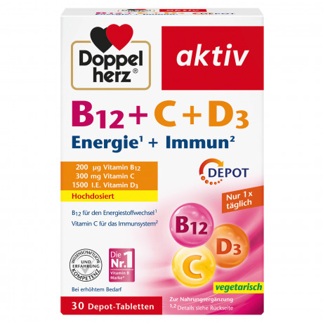 Doppelherz B12 + C + D3 Energie + Immun Depot, 30 Depot-Tabletten, 33,2 g, Витамины B12 200 мкг, C 300 мг и D3 37,5 мкг для энергетического обмена и иммунитета, таблетки с постепенным высвобождением, 30 шт., 33,2 г