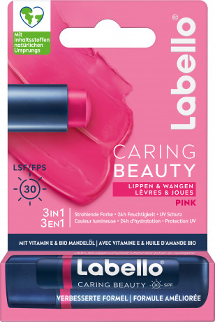 Labello Caring Beauty Pink LSF 30, Розовый бальзам для губ и щёк с маслом ши и миндальным маслом для питания и мягкости, SPF 30, 4,8 г
