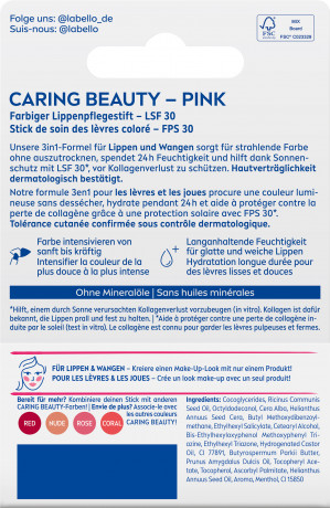 Labello Caring Beauty Pink LSF 30, Розовый бальзам для губ и щёк с маслом ши и миндальным маслом для питания и мягкости, SPF 30, 4,8 г