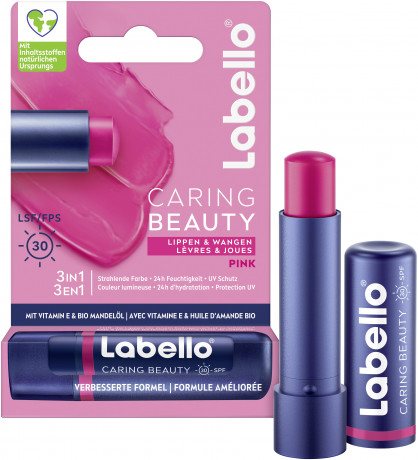 Labello Caring Beauty Pink LSF 30, Розовый бальзам для губ и щёк с маслом ши и миндальным маслом для питания и мягкости, SPF 30, 4,8 г