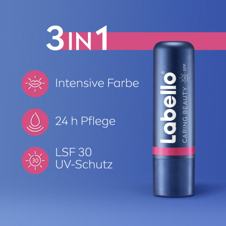 Labello Caring Beauty Pink LSF 30, Розовый бальзам для губ и щёк с маслом ши и миндальным маслом для питания и мягкости, SPF 30, 4,8 г